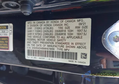 2021 Honda Cr-V Awd Ex-L z USA, uszkodzony, nr VIN 2HKRW2H89MH679559